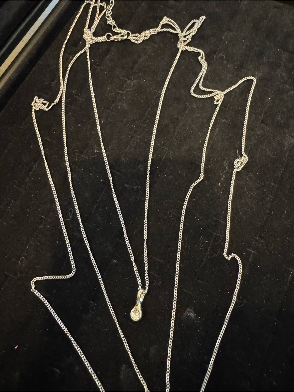 3 Strand Layered Silver Tone Necklace Blue Teal Clear Rhinestone Drop Pendants